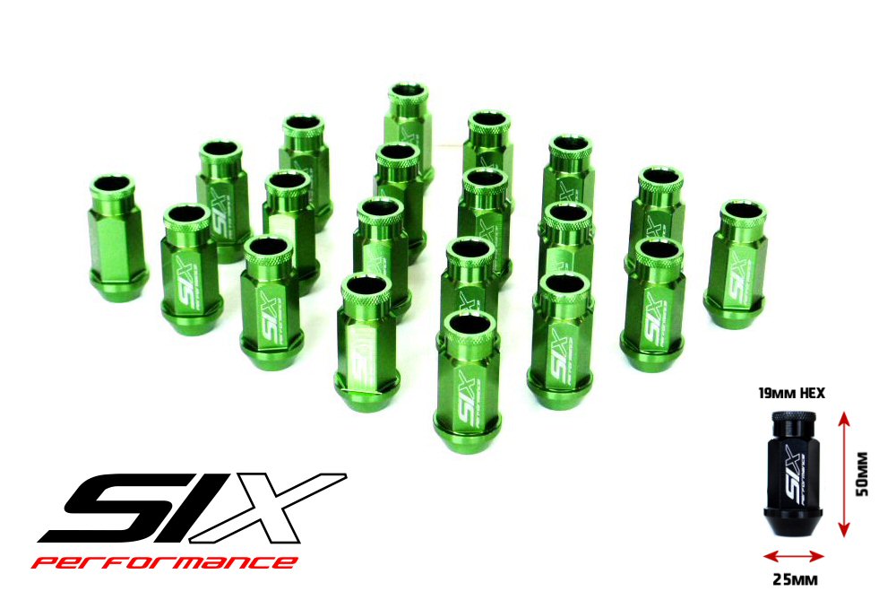 SIX Lightweight ALU 7075 Lug Nuts 50mm 12x1.50 Green V2 20x JV